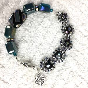 HANDMADE ~  Sunflowers & Peacock Specialty Beads Bracelet  9''